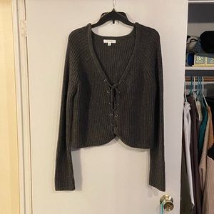 Grey Lace-Up Sweater V-Neck